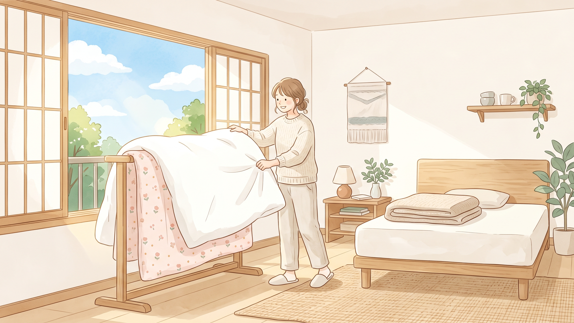 窓を開けて布団を天日干しし、部屋の換気をしている明るい寝室の様子