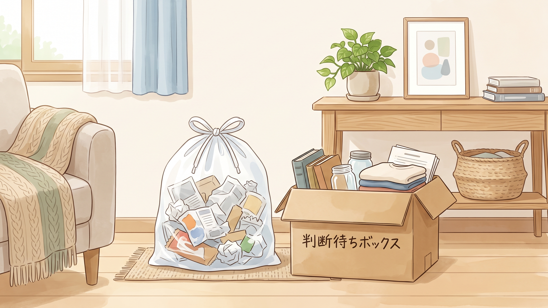 大きめのゴミ袋と判断待ちボックス用のダンボールが並ぶ様子