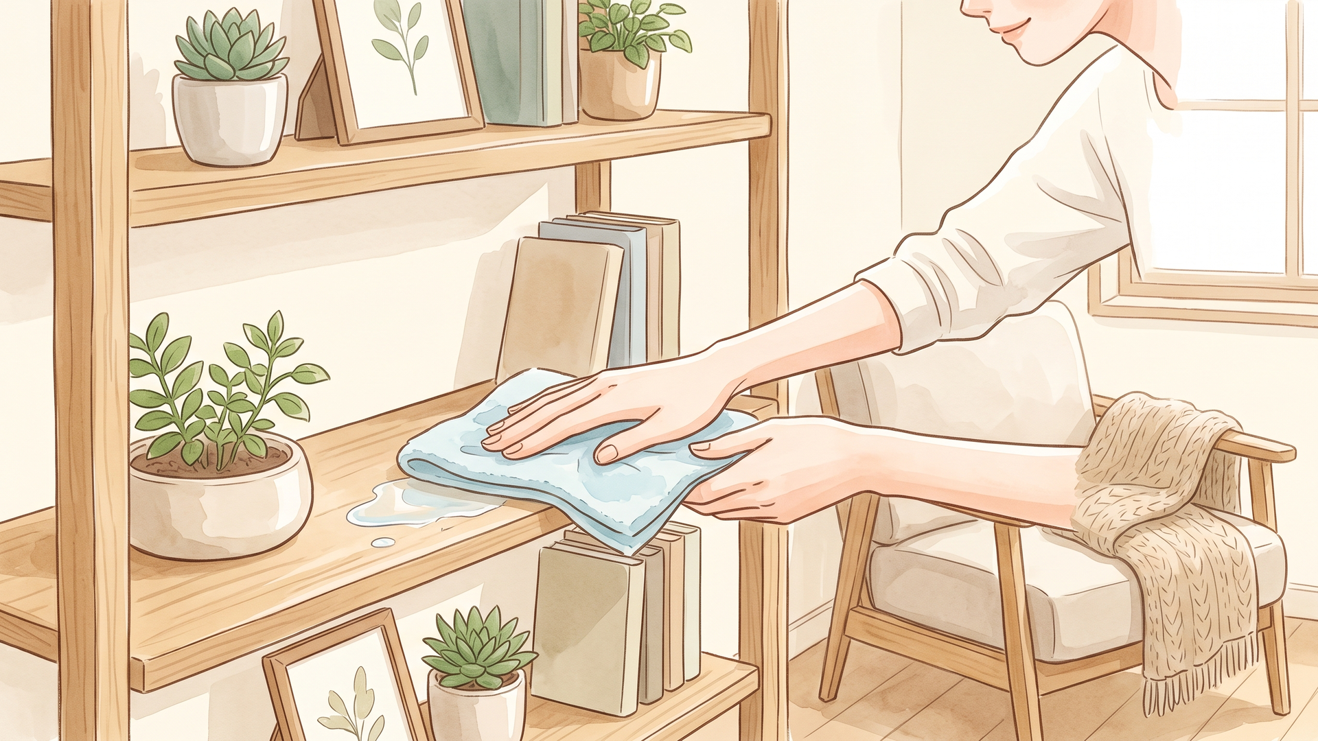 木製の棚を消毒用エタノールで拭き掃除する手元
