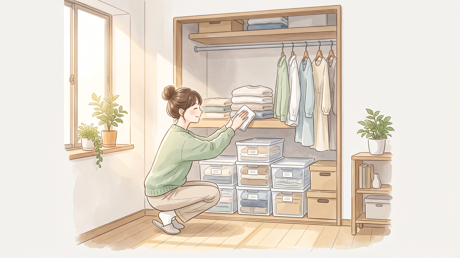 衣替えの時期に押入れの中身を入れ替えながら掃除する様子